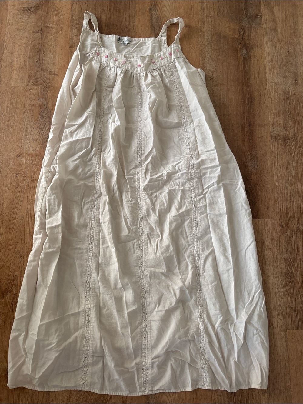 White Cotton Sleeveless Nightgown with Pink Embroidery